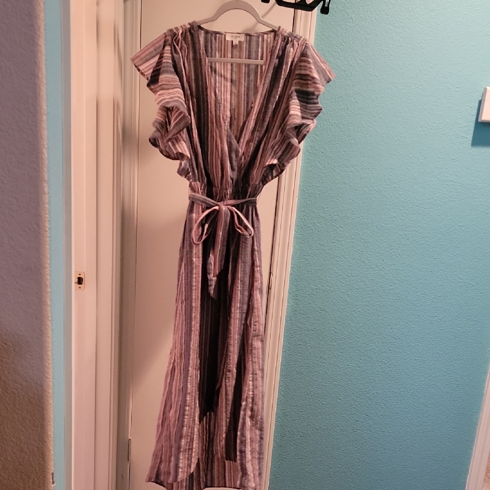 Umgee Blue And Pink Ruffled Tie Front Dress - Picture 1 of 4